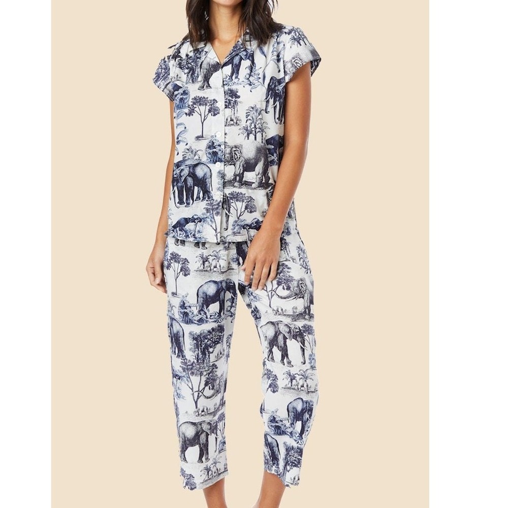 The Cat's Pajamas Safari Toile Luxe Pima Cotton Capri Pajama Set Size S Elephant - Picture 12 of 13